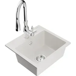 Mexen Milo Granit-Spüle mit Mischbatterie Savita, Weiß - 6505-20-672601-00 - Elegante 1-Becken-Granit-Spüle mit Chrom-Mischbatterie, ideal für moderne Küchen. Langlebig und pflegeleicht, bietet sie praktischen Komfort beim Spülen.