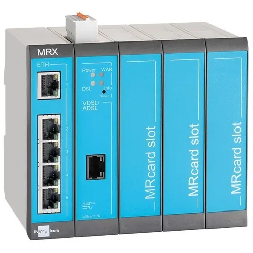 Insys MRX MRX5 DSL Router - Leistungsstarker 5-Port-Switch - WLAN Router mit Annex-A Unterstützung, ideal für industrielle Anwendungen und platzsparend an DIN-Schiene montierbar.