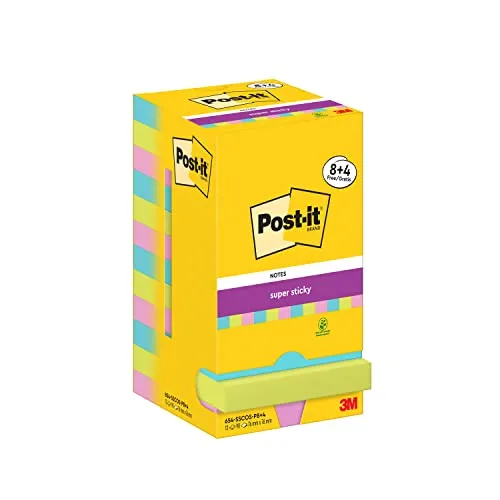 Post-it Super Sticky Notes Cosmic Collection, Packung mit 12 Blöcken, 90 Blatt pro Block, 76 mm x 76 mm, Türkis, Grün, Pink - Extra-stark klebende Notizzettel für Notizen und To-Do-Listen