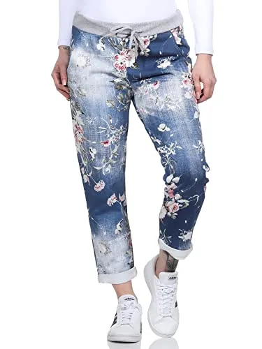 Damen Jogginghose im Boyfriend-Style Sweatpants für Freizeit Sport und Fitness 2581 (as3, Numeric, Numeric_36, Numeric_40, Regular, Regular, Dunkelblau/Blume)