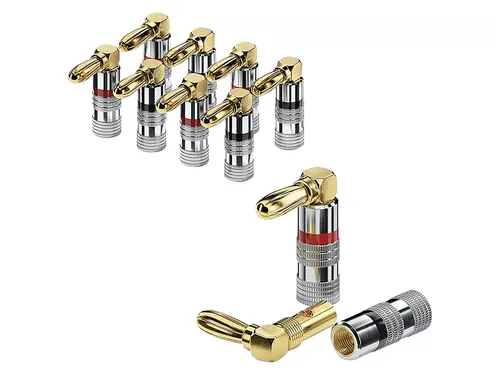 SONERO Bananenstecker S-SC090-08, gewinkelt 90° vergoldet - 8er Set - Hochwertiges 8er Set gewinkelte Bananenstecker für stabile Verbindungen Ihrer HiFi-Geräte. Mit durchdachter Farbcodierung und Aluminiumhülle für einfache Installation und optimalen Kontakt.