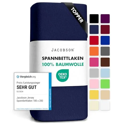 Jacobson Jersey Spannbettlaken Spannbetttuch Baumwolle Bettlaken (Topper 180-200x200 cm, Dunkelblau)