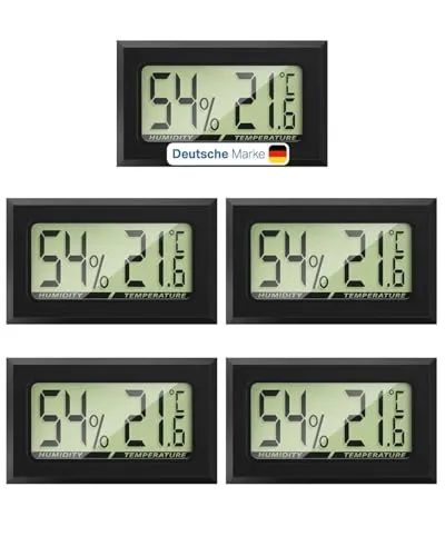 Thermo-Hygrometer Digital 5er Set – Mini Hygrometer Innen & Thermometer, 2-in-1 Feuchtigkeitsmessgerät für Raumklima, Luftfeuchtigkeitsmesser für Growbox, Terrarium & Gewächshaus, | inkl. Batterien