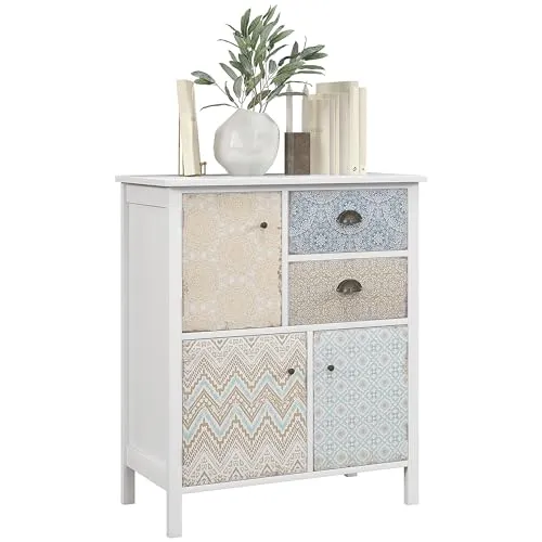 HOMCOM Sideboard Anrichte Beistellschrank Shabby Chic - Vielseitiges Sideboard im Shabby Chic-Design, ideal für jeden Raum. Mit 2 Schubladen und 3 Fächern bietet es viel Stauraum für persönliche Gegenstände. Robuster Holzrahmen garantiert Langlebigkeit und einfache Montage.