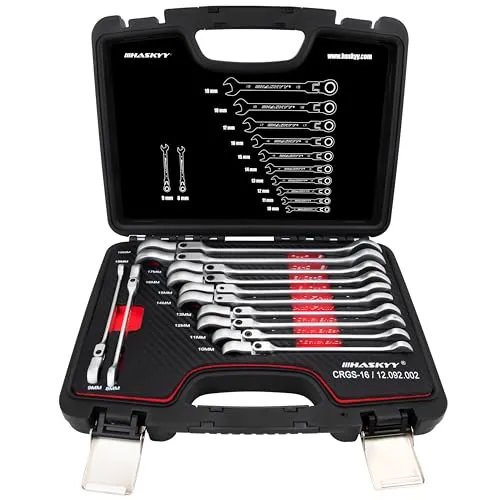 HASKYY 12tlg Ratschenschlüssel Set - Gelenk Ratschenschlüssel 8-19mm - Ratschenschlüssel Set aus Chrom-Vanadium-Stahl, 72 Zähne für präzises Arbeiten, ideal für Werkstatt und Zuhause, inklusive praktischer Systembox.