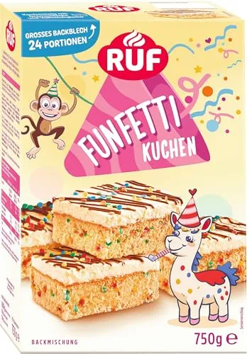RUF Funfetti-Blechkuchen mit bunten Streuseln, 750g - Einfache Zubereitung: Eier, Wasser und Öl hinzufügen. Der kunterbunte Kuchen begeistert mit leckerer Vanillecreme und Vollmilchglasur – perfekt für Partys und kleine Gäste!