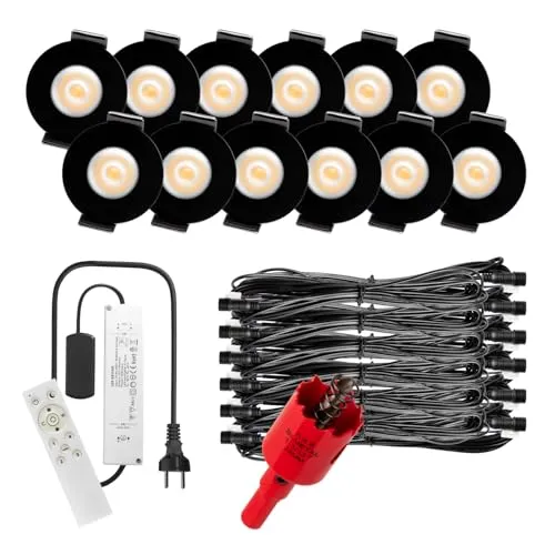 S-Polytec PREMIUM Mini LED- Einbauspots Warmweiss 3.000K, SMARTHOME TUYA, DIMMBAR, IP65, FUNK 3W Terrassenüberdachung mit Fernbedienung (SCHWARZ, 12x SMARTHOME LED-SET (Warmweiß))