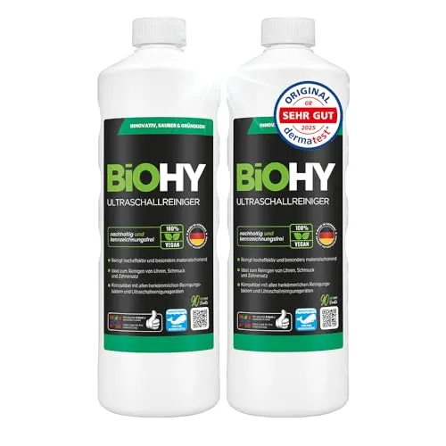 BiOHY Ultraschallreiniger (2 x 1 Liter) | Materialschonende Reinigung für Schmuck, Münzen und mehr - Effektiver Ultraschallreiniger für eine intensive und sanfte Reinigung von Uhren, Zahnersatz und Schmuck. Kompatibel mit gängigen Reinigungsgeräten und sorgt für strahlenden Glanz ohne aggressive Inhaltsstoffe.