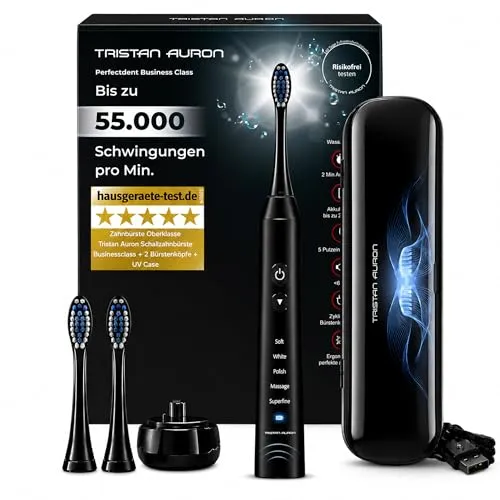 Tristan Auron Schallzahnbürste - Beste Reisezahnbürste 2025-100 Tage risikofrei testen - 55000 Elektrische Schwingungen 5 Programme 60 Tage Batterie mit UV Reiseetui 2 Aufsätze Business Class Schwarz