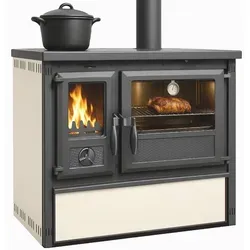 Küchenofen Holzherd Modell Forno - 6 kW, creme - Vielseitiger Holzherd mit großzügigem Edelstahl-Backfach und Kochfläche. Ideal zum Kochen und Heizen ohne Strom. Genießen Sie effiziente Verbrennung und einfache Ascheentleerung für ein angenehmes Kocherlebnis.