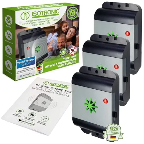 ISOTRONIC Ultraschall Mäuseabwehr zum Mäuse & Ratten vertreiben – Schädlingsvertreiber für Dachboden, Keller, Garage & Garten – Mäuseschreck ohne Gift & Mausefalle – 40m² Wirkungsbereich (3 Stück)