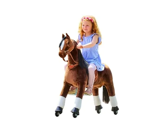 Ponnie Reitpferd mit Rollen Happy M (5-12 Jahre), Spielpferd zum Reiten mit Abnehmbarer Braun Sattel und Halfter mit Zaumzeug, Kämmbare Mähne und Schwanz, Plüschpferd zum Reiten für Kinder