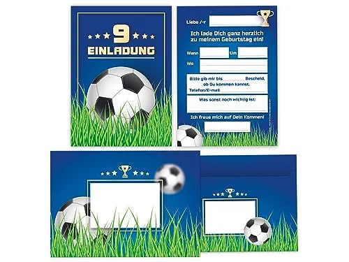 Limonia 12 Einladungskarten incl. 12 Umschläge zum 9. Kindergeburtstag Fußball Einladung Geburtstag Mädchen Kinder Jungs Jungen Boys Fussball Turnier blau