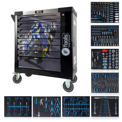 ToolCar F-Tools Moto-88 Werkzeugwagen Sport Edition - Werkzeug-Sets mit 8 gefüllten Schubladen, ideal für Profis und Hobby-Handwerker, sorgt für Ordnung und schnellen Zugriff auf das benötigte Werkzeug.