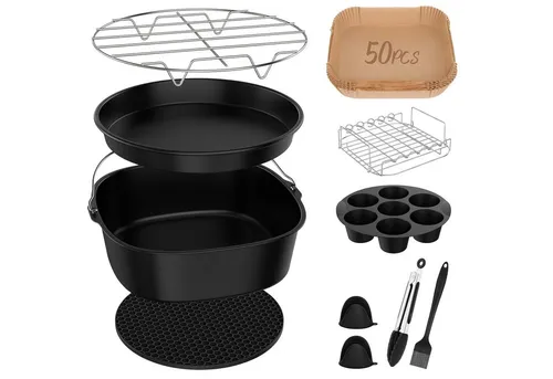 SURFOU Backform Heißluftfritteuse Zubehör - 11-teiliges Zubehörset aus hochwertigem 304 Edelstahl und lebensmittelechtem Silikon für gesunde, fettarme Zubereitung von Kuchen, Pommes und mehr. Ideal für COSORI, Philips und andere Modelle.