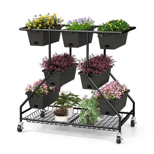 Blumenständer mit Blumenkästen – Blumentreppe mit Rollen - Topfpflanzenständer für Innen- & Außenbereich, aus robustem Metall, ideal für Ihre Pflanzen und Blumen auf Balkon oder Veranda.