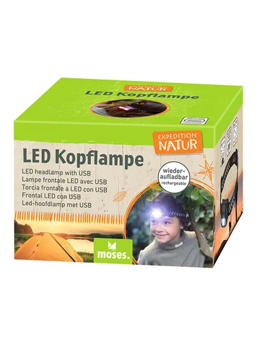moses. LED-Kopflampe "Expedition Natur" Schwarz – Wiederaufladbar - Praktische LED-Kopflampe für Outdoor-Abenteuer, mit ca. 4,5 Stunden Leuchtdauer und Micro-USB-Anschluss. Ideal für den Einsatz in der Natur.