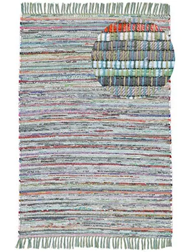carpetfine Flachgewebeteppich Kelim Chindi Grün 60x110 cm | Moderner Teppich für Wohn- und Schlafzimmer