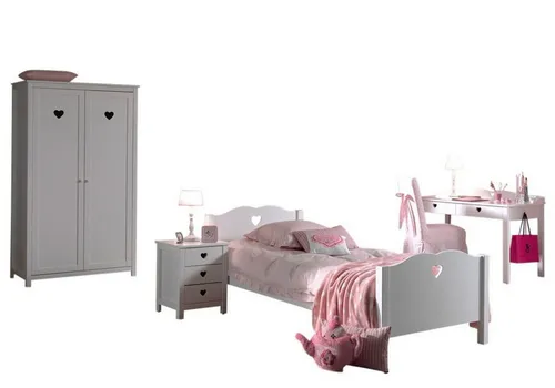 aufm Kessel Jugendzimmer-Set Kamila 5-teilig für Mädchen - Hochwertiges Kinderzimmer-Set aus MDF in Weiß, inklusive Einzelbett, Nachtkonsole, Schreibtisch und Kleiderschrank. Mit herzförmigen Ausschnitten als Design-Element, ideal für eine gemütliche Atmosphäre im Jugendzimmer.