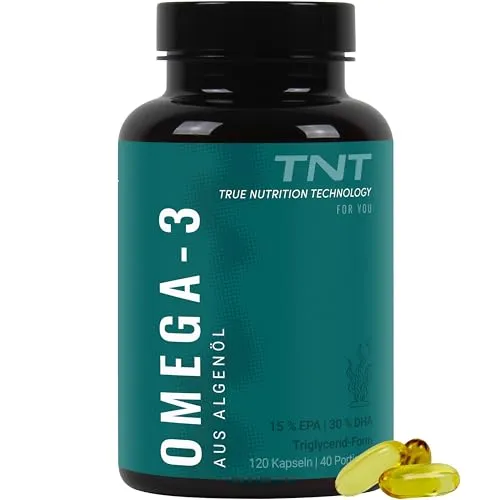 TNT Vegan Omega 3 Kapseln hochdosiert (120 Kapseln) - Omega-3 Öl aus hochwertigem Algenöl, bietet ein ideales 2:1 Verhältnis von DHA zu EPA, unterstützt Herz-, Gehirn- und Sehfunktion, ohne unerwünschte Zusätze.