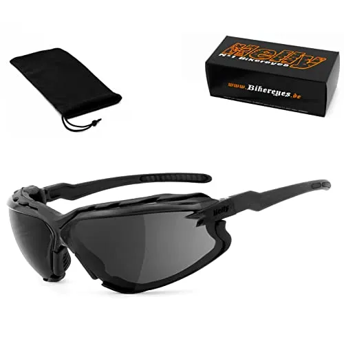Helly No.1 Bikereyes Motorradbrille darkrider - Gepolstert & Flexibel - Brillen für Biker, die mit 100% UV-Schutz und beschussfesten Gläsern überzeugen. Ideal für Sicherheit und Komfort auf der Straße, auch für Brillenträger anpassbar.