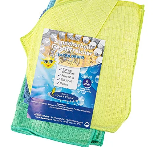 AQUA CLEAN Kristall Sonnenschein Geschirrtücher Extra Groß 6er Set - Spül- & Geschirrtücher mit 8-facher Wasseraufnahme, ideal für streifenfreies und fusselfreies Trocknen von Geschirr, Gläsern und Besteck.