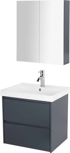welltime Badmöbel-Set Clarence schwarz - Badmöbel-Set mit eleganten Griffmulden, inklusive Waschbecken und Spiegelschrank, ideal für stilvolle Badezimmergestaltung.