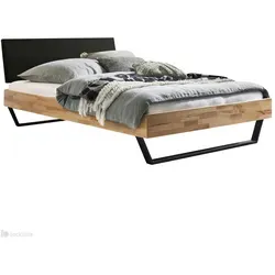 Hasena Massivholzbett Sariano, Kopfteil gepolstert, Kernbuche natur - Elegantes Massivholzbett mit stabilen anthrazitfarbenen Kufen und einem komfortablen, schwarz gepolsterten Kopfteil. Ideal für ein modernes Schlafzimmer!