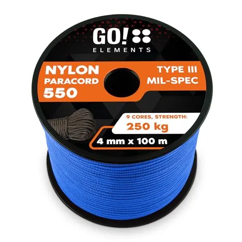 GO!elements 100m Paracord Seil - Reißfeste Nylonschnur für Outdoor & Handwerk - Reepschnüre - Hochwertiges Paracord 550 Typ III mit 250kg Tragkraft, ideal für vielseitige Anwendungen im Freien und drinnen, wetterfest und militärisch getestet.