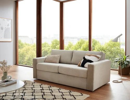 Schlafsofa "Rolando", beige - Komfort für Dauerschläfer - Sofas für Dauerschläfer geeignet, inklusive hochwertiger Schaumstoffmatratze mit Härtegrad H2 für optimalen Schlafkomfort.