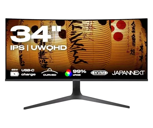 JapanNext 34" Gebogener Monitor | UWQHD, HDR & KVM - Monitore: 34" Curved Monitor mit UWQHD (3440x1440), ideal für Büroarbeiten und grafische Designprojekte. Ergonomisch verstellbar und augenschonend mit Flick-Free-Technologie.