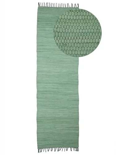 carpetfine Flickenteppich Kelim Chindi Uni Läufer Grün 60x180 cm - Handgewebter Baumwollteppich im Boho-Look, ideal für verschiedene Wohnbereiche. Strapazierfähig und pflegeleicht, bringt er Gemütlichkeit in Ihr Zuhause.