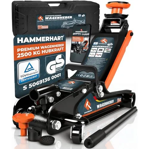 HAMMERHART 2,5T Hydraulischer Wagenheber – Premium Rangierwagenheber mit 360° Rollen - Der HAMMERHART 2,5T Rangierwagenheber bietet zuverlässige Leistung für Garage und Werkstatt. Mit einer flachen Bauweise und einer Hubhöhe von bis zu 384 mm ist er ideal für tiefergelegte Fahrzeuge. Komfortable Handhabung und hohe Stabilität.