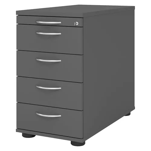 bümö Schreibtisch Container abschließbar - 4 Schubladen Holz in Graphit - Büroschränke mit praktischen Funktionen: Der bümö Container bietet 4 Schubladen, abschließbar und ideal für Ordnung im Büro. Hochwertige Verarbeitung und höhenverstellbare Standfüße garantieren Stabilität.