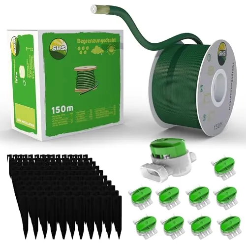 150m Begrenzungskabel + 450 Erdspieße + 10 Kabelverbinder für Mähroboter Rasenmäher Rasenroboter Zubehör SET Begrenzungsdraht für Suchkabel - kompatibel mit GARDENA/BOSCH/HUSQVARNA/WORX etc.