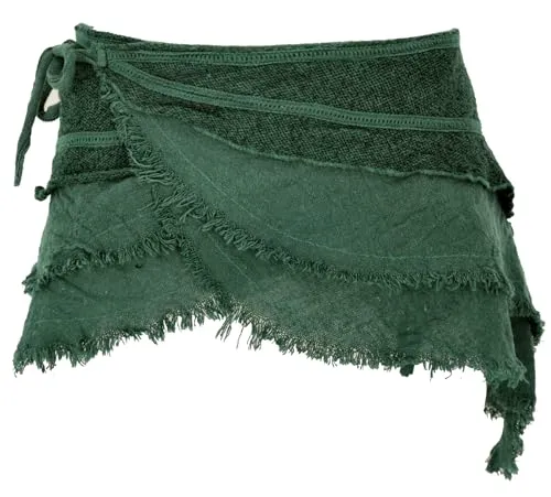 GURU SHOP Goa Cacheur Minirock in Dunkelgrün für Damen, Size:S - Stylischer Wickelrock aus verschiedenen Materialien mit asymmetrischem Design. Variierbare Weite durch Binden und praktische Reißverschlusstasche für kleine Essentials. Ideal für kreative Outfit-Kombinationen.