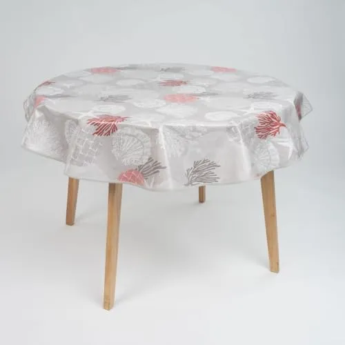 laro 140cm runde Wachstuch Tischdecke abwaschbar Wachstuchtischdecke mit Saum-Eingefasst-Paspelband, Muster:Strand Muschel Koralle Grau, Größe: Rund 140cm
