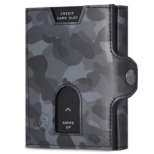 VON HEESEN Slim Wallet mit RFID Schutz - Geldbörse Herren klein - Mini Geldbeutel Damen Portmonee - Kartenetui Echtleder Karten Portemonnaie - Leder Kreditkartenetui Camouflage Grau