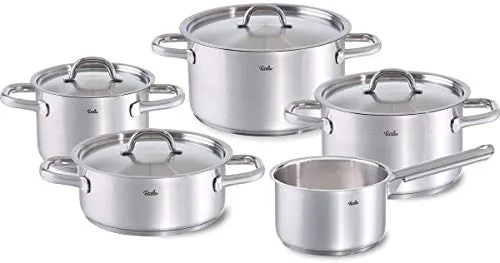 Fissler Topf-Set Family Line, Edelstahl 18/10 - 9-teilig - Hochwertiges Kochtopf-Set aus rostfreiem Edelstahl 18/10 mit extra breitem Schüttrand, ideal für alle Herdarten, spülmaschinengeeignet und extrem langlebig.