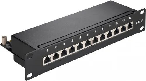 10'' Patch Panel 12 Port CAT 6a - Patchpanel für CAT 6a mit 12 Anschlüssen, kompakte 10 Zoll Größe, ideal für effiziente Verkabelung in Netzwerken.