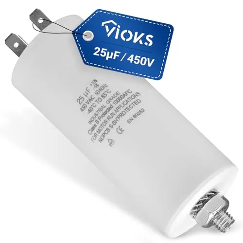 VIOKS Anlaufkondensator CBB60 Kondensator 25µF 450V - Motorkondensator Led Entstörkondensator Universal mit 6,3mm AMP Steckfahnen und Befestigungsschraube M8 für elektrische Hausgeräte