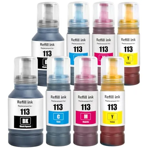 Pigment Tinte Kompatibel mit Epson 113 Tintenpatronen Nachfülltinte Multipack für ET-5850 ET-16600 ET-5150 ET-5170 ET-5150 ET-16650 ET-15000 ET-5100 ET-5800 ET-5880 ET-16150(8Pack 2BK/2C/2M/2Y) 113