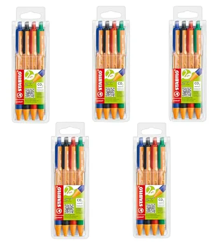 STABILO pointball Kugelschreiber 0,5 mm - Druckmechanik im Etui mit 4 Stiften - Kugelschreiber mit farbenfrohem Design und gummierter Griffzone für komfortables Schreiben. CO2-neutral und nachfüllbar mit STABILO Ballpoint Refills.