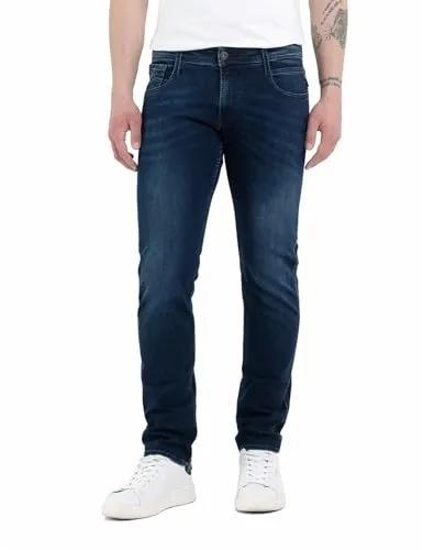 Replay Herren Jeans Anbass Slim-Fit Hyperflex Forever Dark - Jeans in Dark Blue mit 5 Taschen und klassischem Reißverschluss-Hosenschlitz. HYPERFLEX-Technologie sorgt für hohe Elastizität und ultimativen Komfort. Ideal für lässige Outfits.