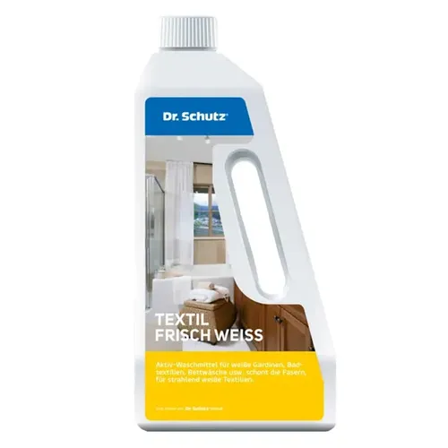 Dr. Schutz Textil Frisch Weiss Gardinenwaschmittel 750 ml - Effektives Waschmittel für weiße Gardinen und Textilien. Entfernt Staub und Fett bei 30-40 °C, erhält Faltenfall und sorgt für frischen Duft. Ideal für strahlendes Weiß.