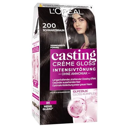 L'Oréal Paris Coloration ohne Ammoniak und Silikone, Pflegende Intensivtönung mit Glanz-Reflex-Balsam, Casting Crème Gloss Haarfarbe, Nr. 200 Schwarzbraun (Braun), 1 Stück