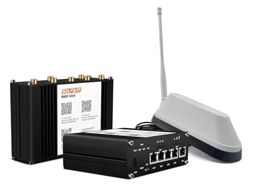 SELFSAT MWR 5550 5G WLAN Router mit Shark 5G Antenne - Stabiler 5G WLAN Router für Wohnmobile, mit einfacher Montage und benutzerfreundlicher Bedienung. Ideal für mobiles Arbeiten und Streaming unterwegs.