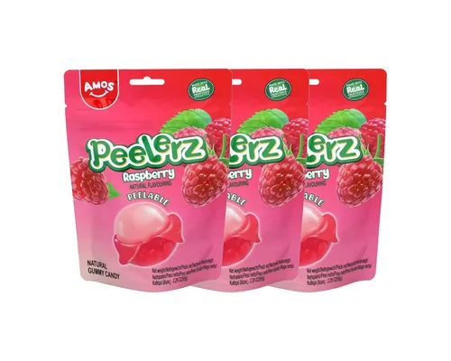 AMOS Süßigkeit, Amos Peelerz Gummies Raspberry mit fruchtiger Füllung 65g 3er Pack