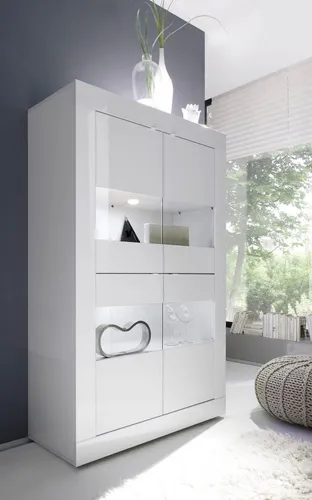 INOSIGN Vitrine Basic 162 cm - Moderne Standvitrine mit 4 Türen - Kommode in stilvollem Weiß Hochglanz, bietet optimalen Stauraum mit 4 Fächern und 3 Einlegeböden. Ideal für ein modernes Zuhause.