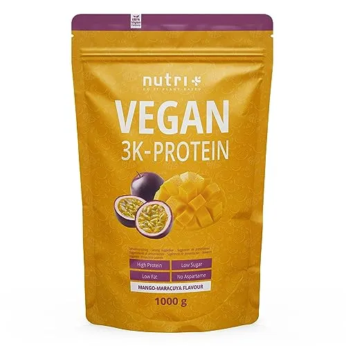 Nutri + Proteinpulver Vegan Mango & Maracuja 1 kg - 82% Eiweiß - 3k plant-based Eiweißpulver - Veganes Protein Pulver 1000 g - Mehrkomponenteneiweiß